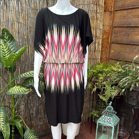 Maggy London Dresses & Skirts - Maggy London Black Dress with Vibrant Pattern- Lined batwing flattering slipover